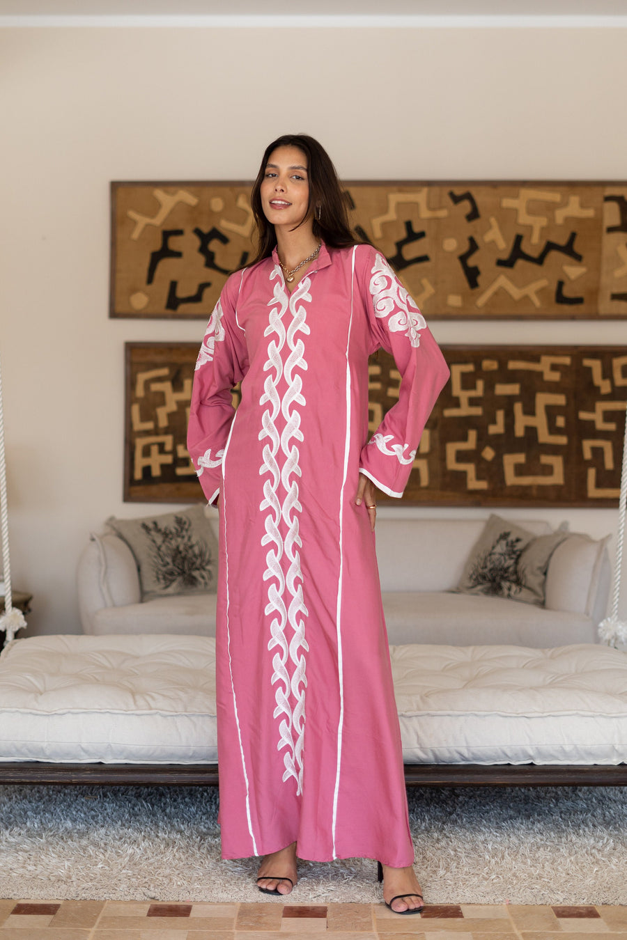 Classy pink embroidered caftan maxi dress, Kaftan maxi dress, Cotton caftan women, caftan, Chic embroidered caftan, Egyptian cotton 07-24