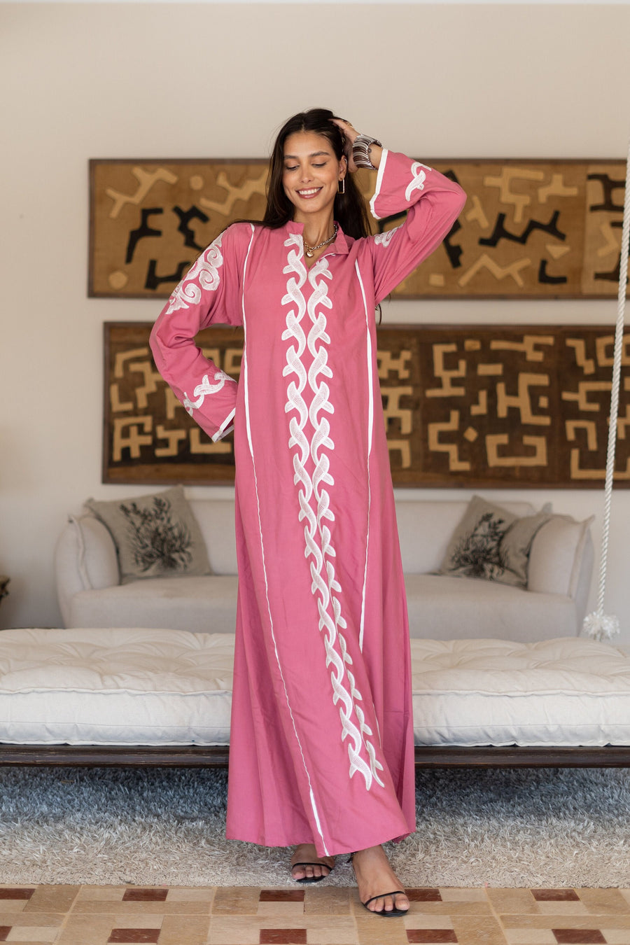 Classy pink embroidered caftan maxi dress, Kaftan maxi dress, Cotton caftan women, caftan, Chic embroidered caftan, Egyptian cotton 07-24