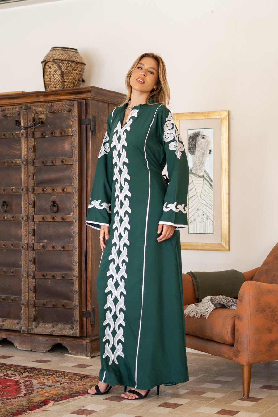 Classy green embroidered caftan maxi dress, Kaftan maxi dress, Cotton caftan women, caftan, Chic embroidered caftan, Egyptian cotton 07-24