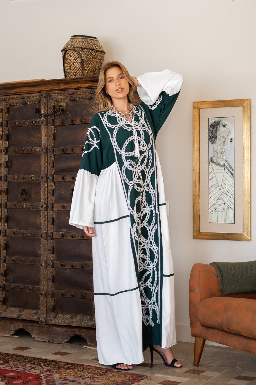 Classy green embroidered caftan maxi dress, Kaftan maxi dress, Cotton caftan women, caftan, Chic embroidered caftan, Egyptian cotton 07-24