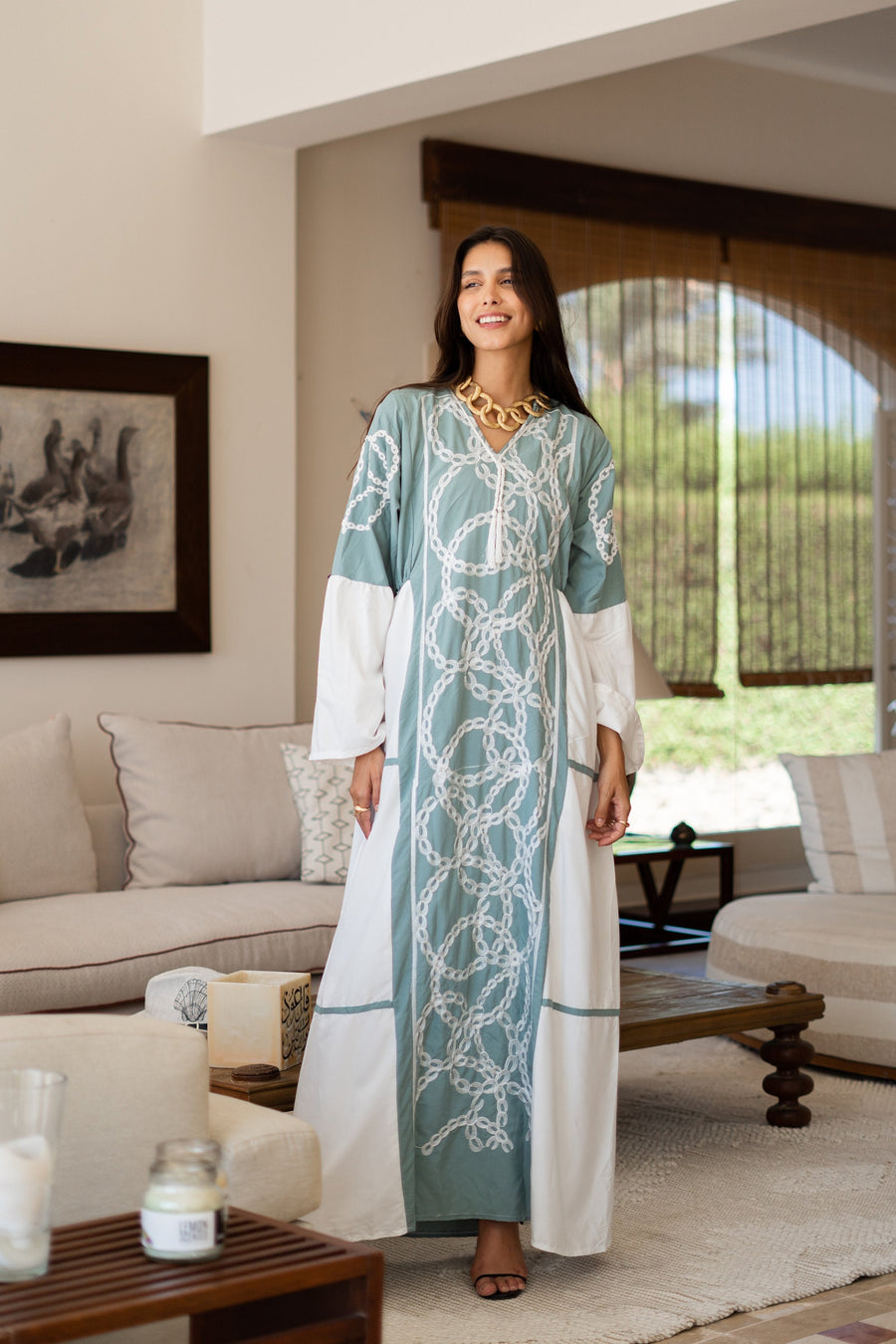 Classy mint embroidered caftan maxi dress, Kaftan maxi dress, Cotton caftan women, caftan, Chic embroidered caftan, Egyptian cotton 07-24