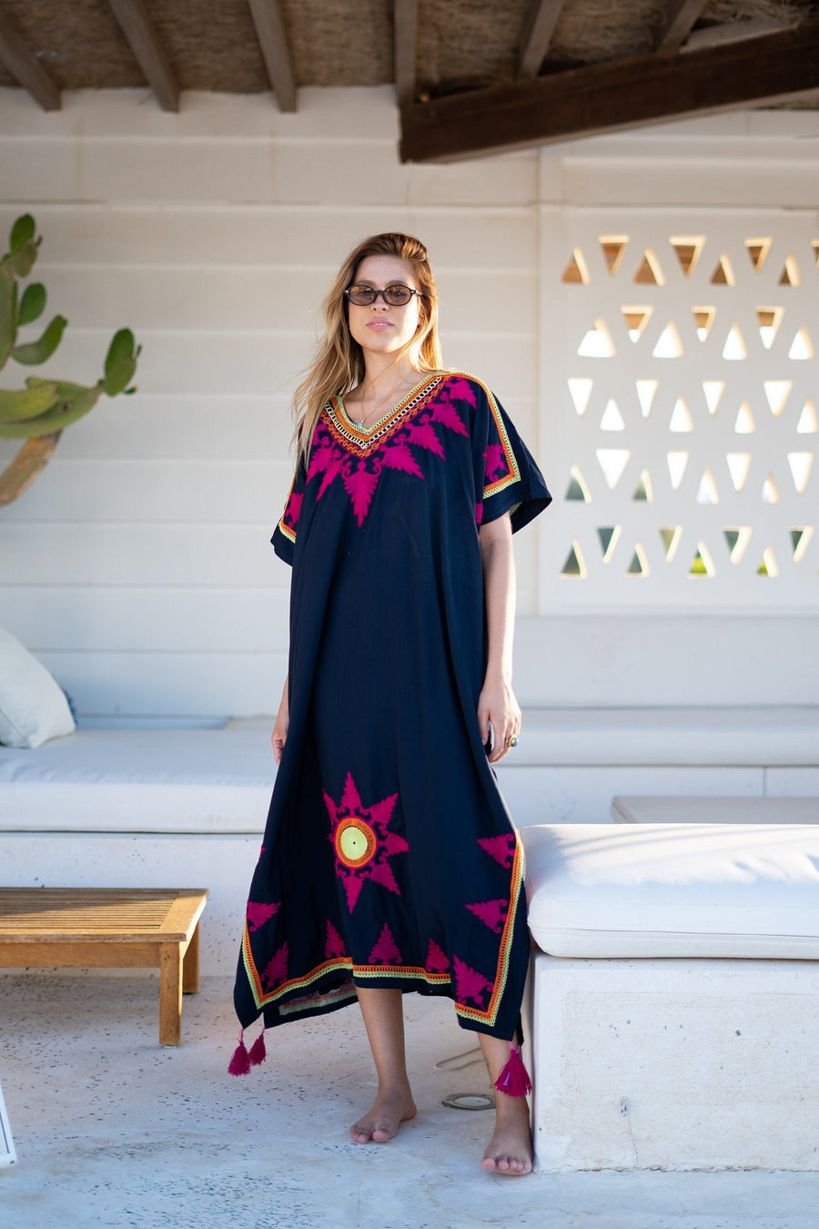 Flashy navy blue embroidered cotton caftans for women, women's kaftan, free size caftan, Summer Kaftan, cotton Caftans for women