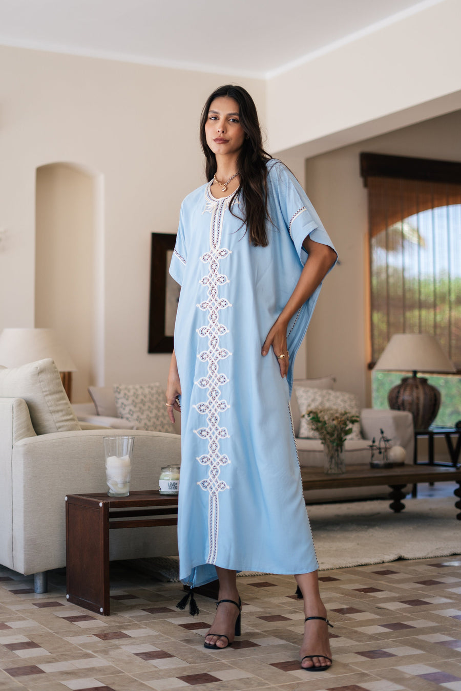 Chic turquoise hand embroidered cotton caftans for women, women's kaftan, free size caftan, Summer Kaftan, cotton Caftans for women