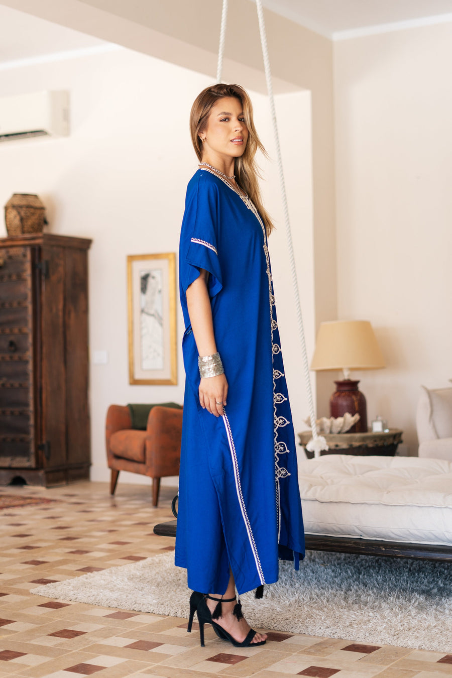 Chic blue hand embroidered cotton caftans for women, women's kaftan, free size caftan, Summer Kaftan, cotton Caftans for women