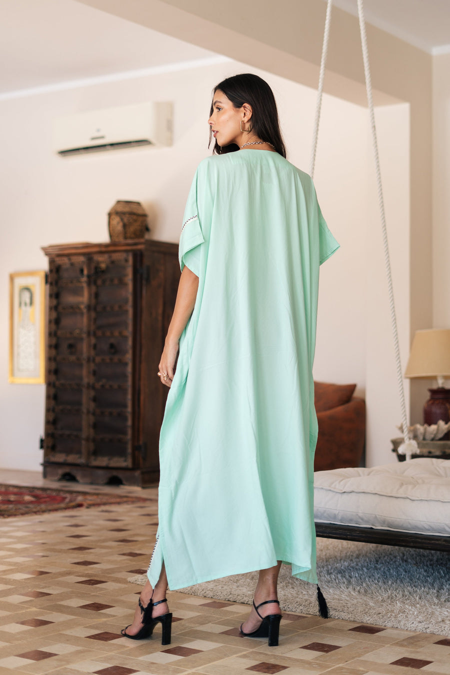 Chic light turquoise hand embroidered cotton caftans for women, women's kaftan, free size caftan, Summer Kaftan, cotton Caftans for women