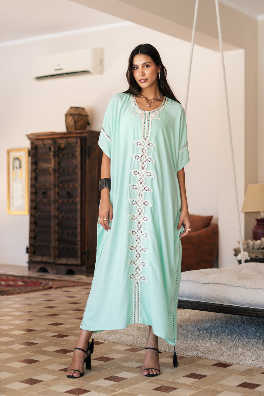 Chic light turquoise hand embroidered cotton caftans for women, women's kaftan, free size caftan, Summer Kaftan, cotton Caftans for women