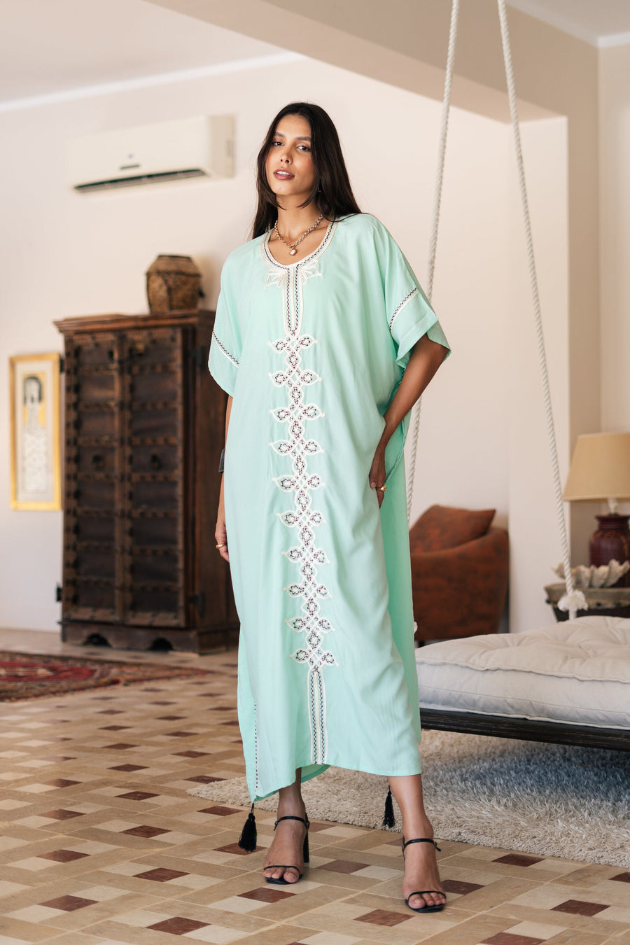 Chic light turquoise hand embroidered cotton caftans for women, women's kaftan, free size caftan, Summer Kaftan, cotton Caftans for women