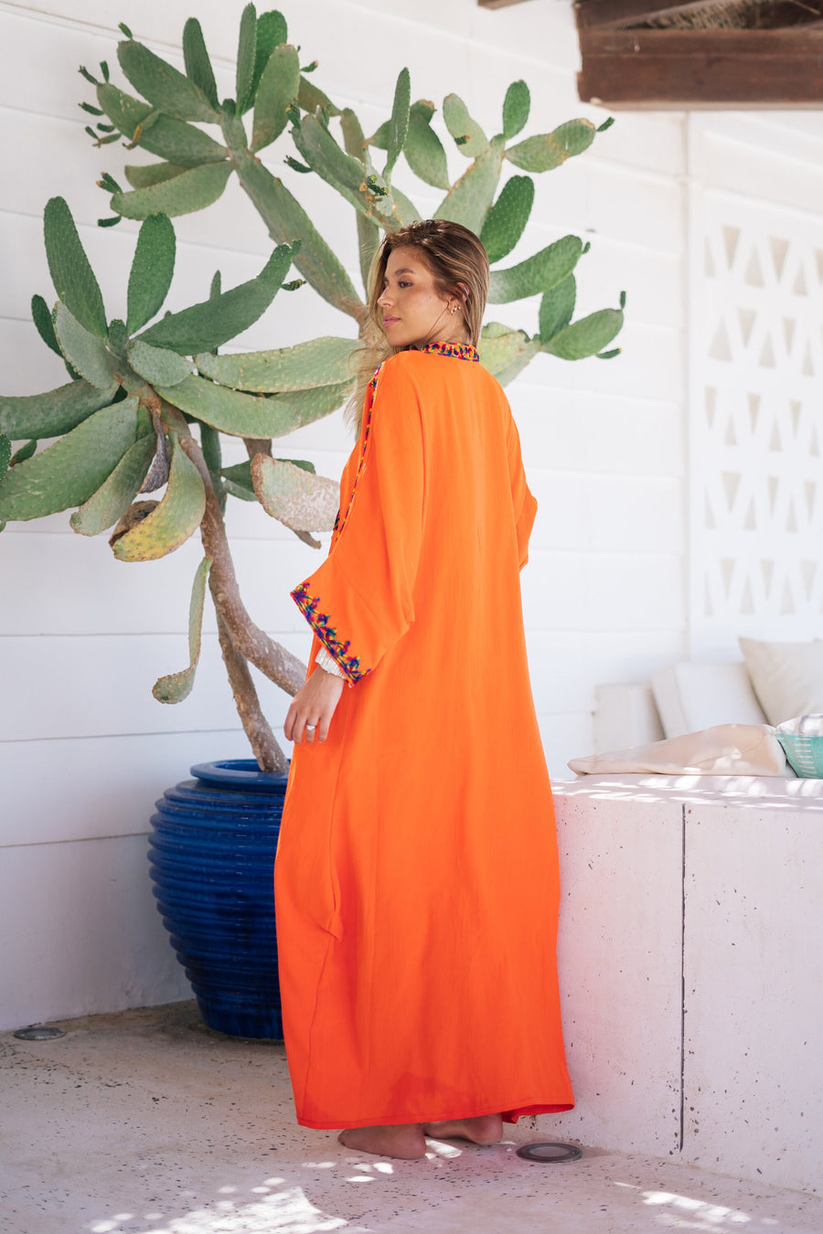 Flashy orange hand embroidered Kaftan for women, caftan, women's kaftan, free size Kaftan, Summer Kaftan, cotton Caftans