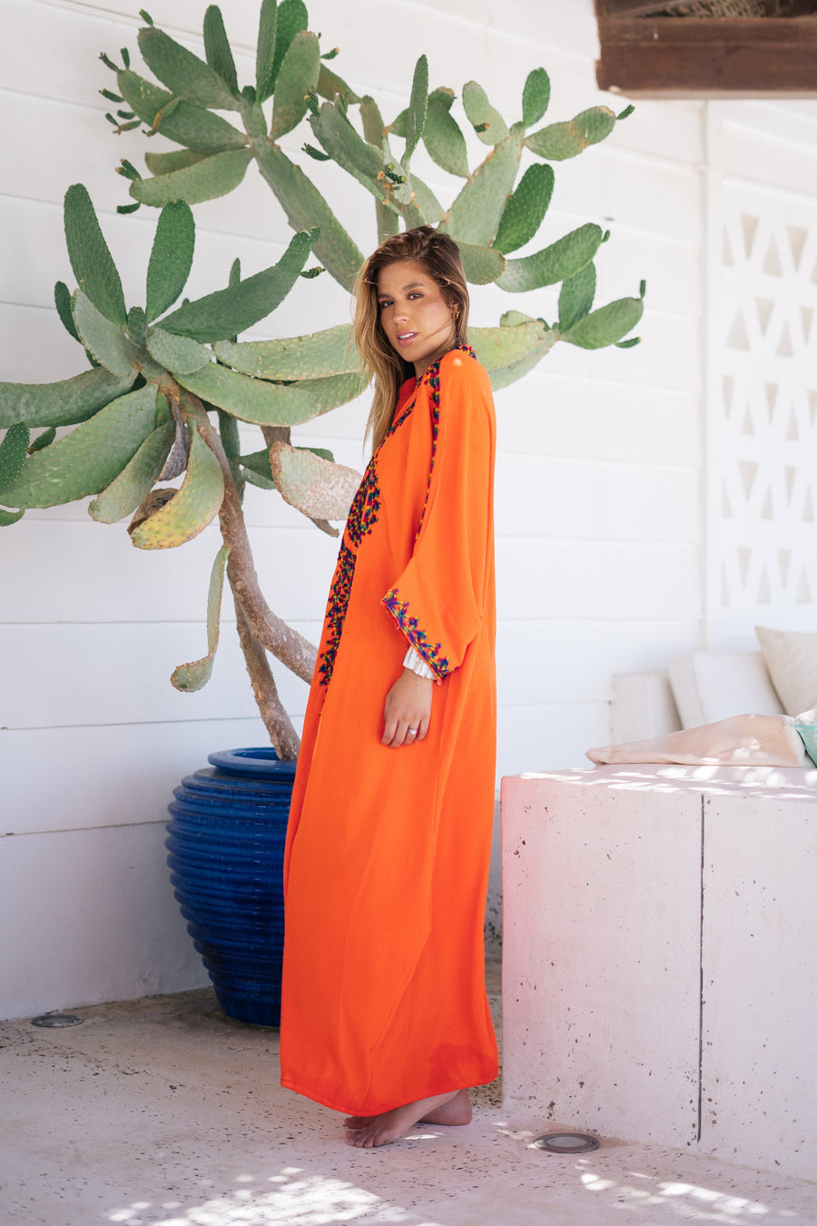 Flashy orange hand embroidered Kaftan for women, caftan, women's kaftan, free size Kaftan, Summer Kaftan, cotton Caftans