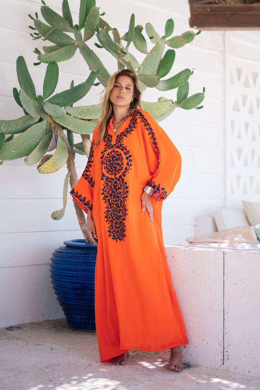 Flashy orange hand embroidered Kaftan for women, caftan, women's kaftan, free size Kaftan, Summer Kaftan, cotton Caftans