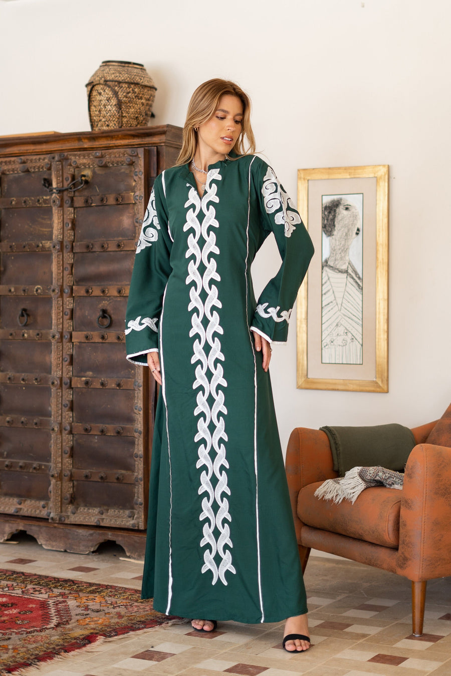 Classy green embroidered caftan maxi dress, Kaftan maxi dress, Cotton caftan women, caftan, Chic embroidered caftan, Egyptian cotton 07-24