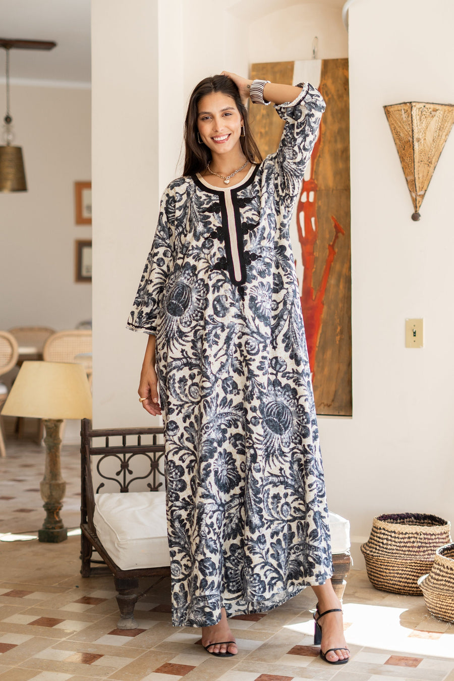 Chic grey print Summer embroidered Kaftan, Caftan, caftans for women, Boho Kaftan dress, Caftans for women, summer kaftans, women