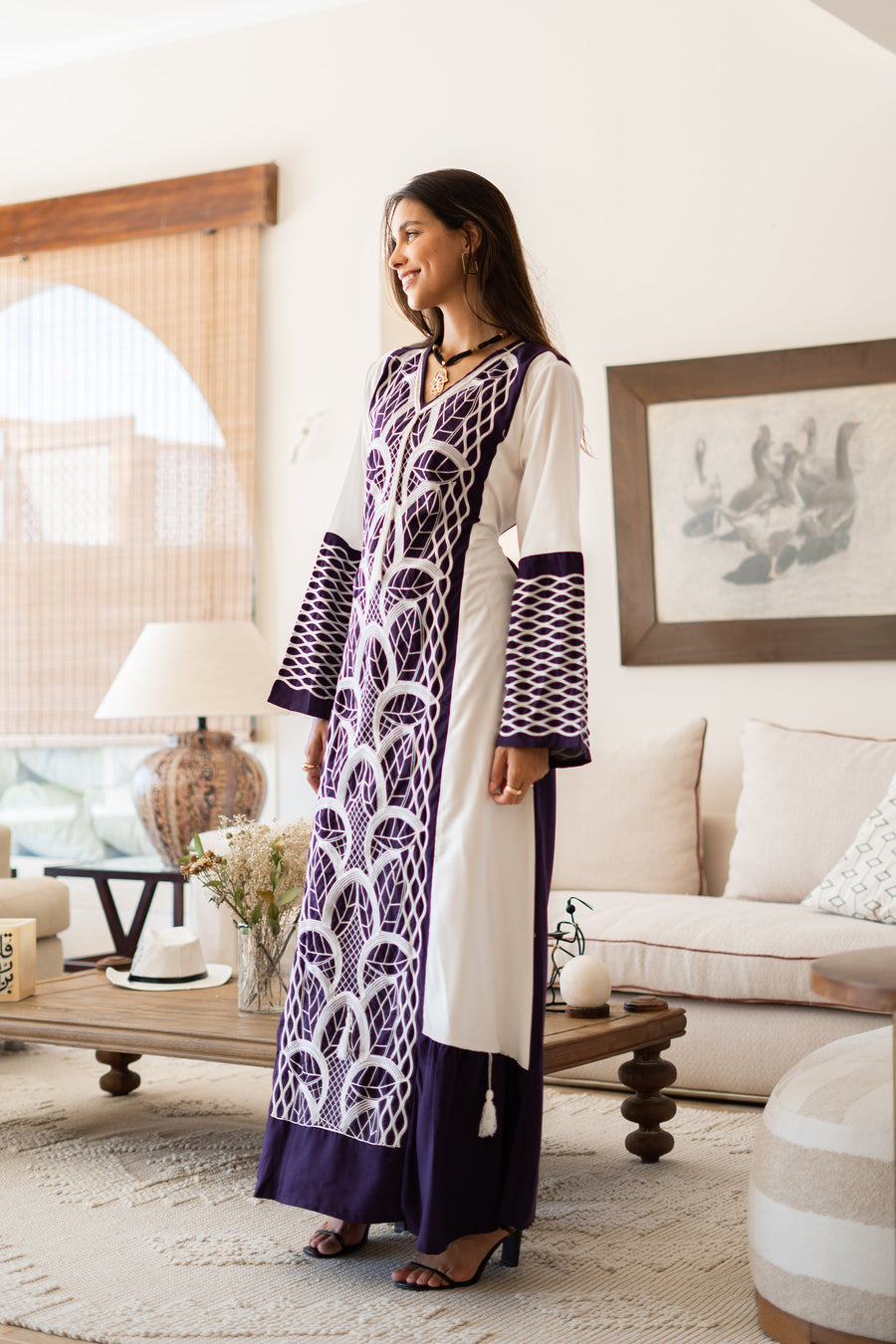 Classy purple embroidered caftan maxi dress, Kaftan maxi dress, Cotton caftan women, caftan, Chic embroidered caftan, Egyptian cotton 07-24