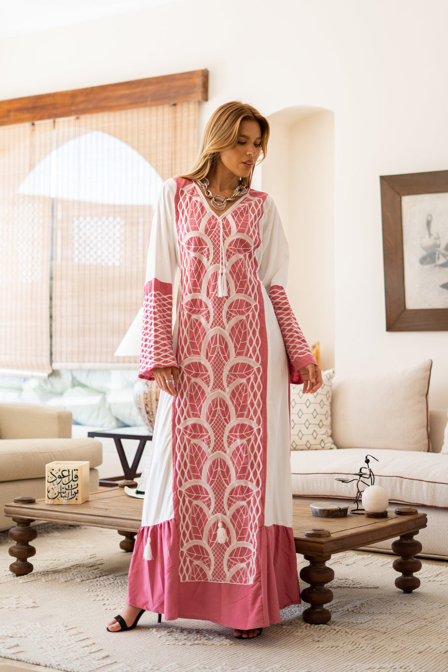 Classy pink embroidered caftan maxi dress, Kaftan maxi dress, Cotton caftan women, caftan, Chic embroidered caftan, Egyptian cotton 07-24