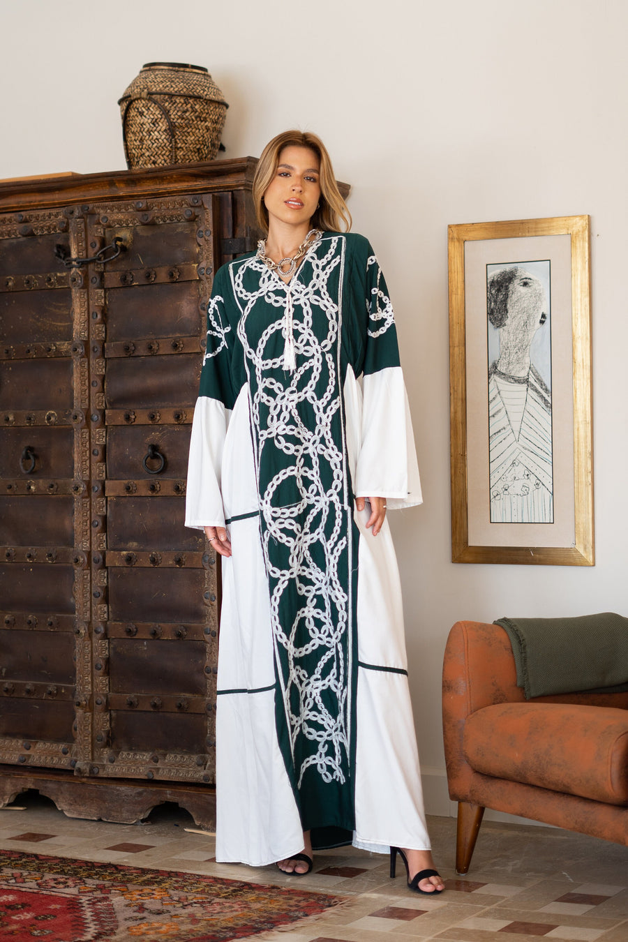 Classy green embroidered caftan maxi dress, Kaftan maxi dress, Cotton caftan women, caftan, Chic embroidered caftan, Egyptian cotton 07-24