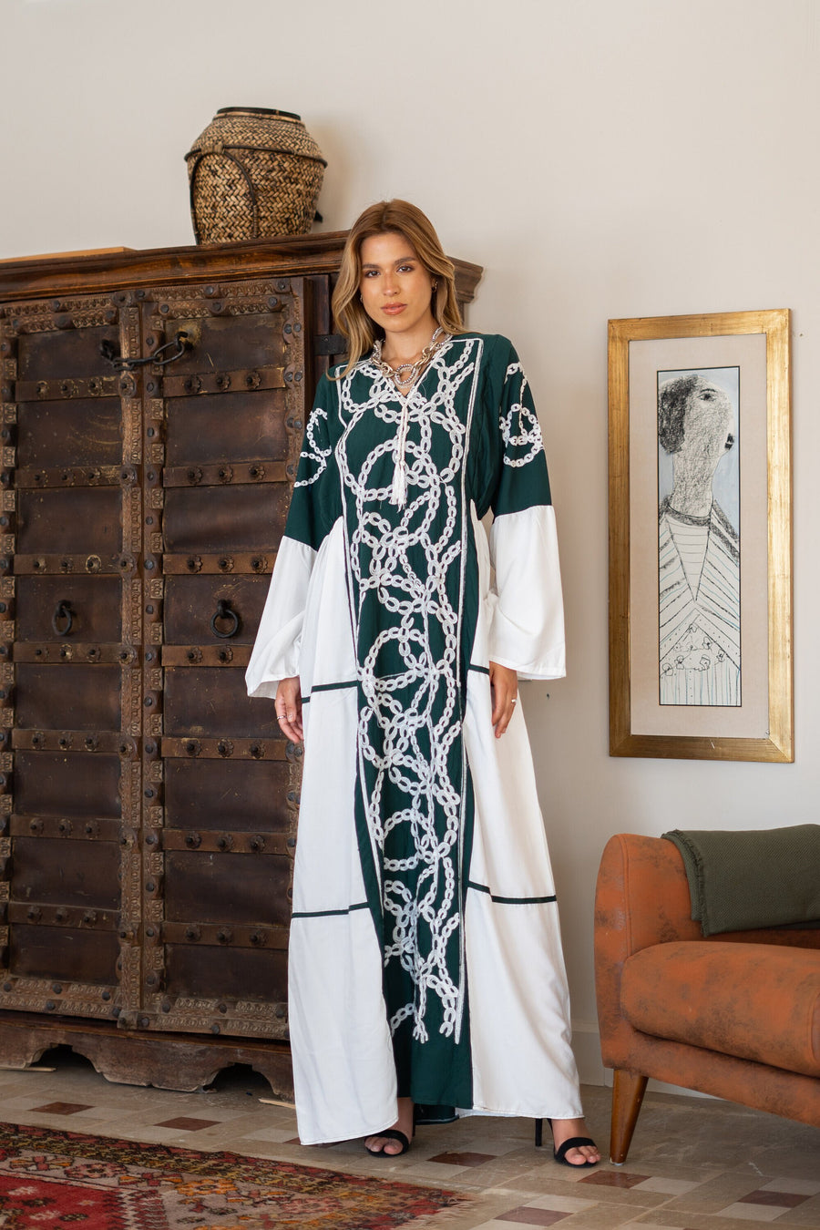 Classy green embroidered caftan maxi dress, Kaftan maxi dress, Cotton caftan women, caftan, Chic embroidered caftan, Egyptian cotton 07-24