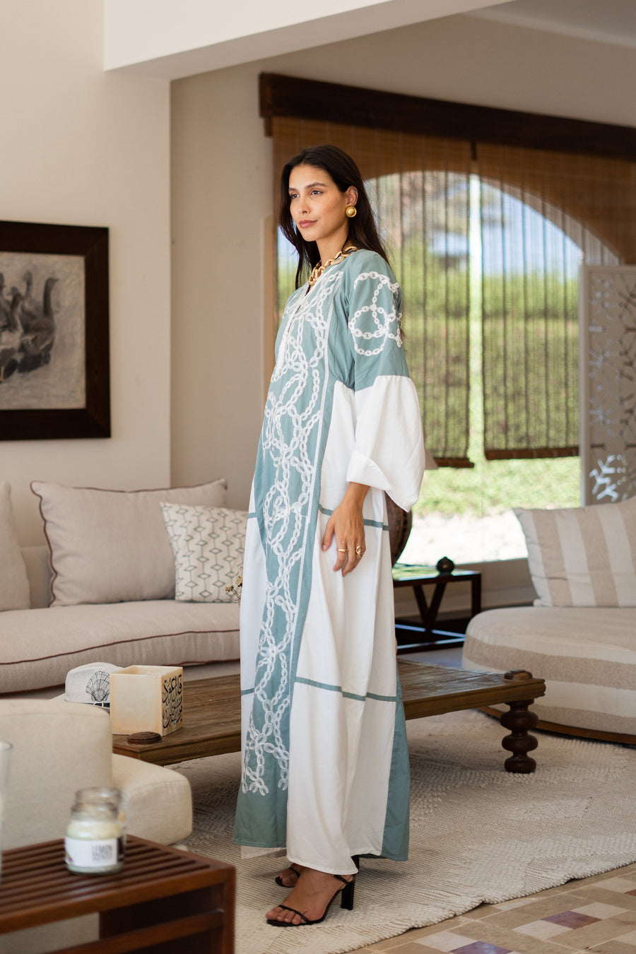 Classy mint embroidered caftan maxi dress, Kaftan maxi dress, Cotton caftan women, caftan, Chic embroidered caftan, Egyptian cotton 07-24