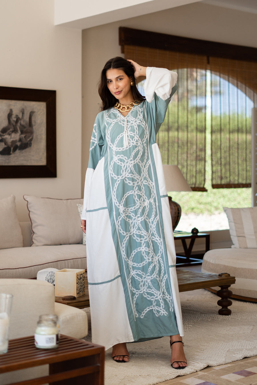 Classy mint embroidered caftan maxi dress, Kaftan maxi dress, Cotton caftan women, caftan, Chic embroidered caftan, Egyptian cotton 07-24