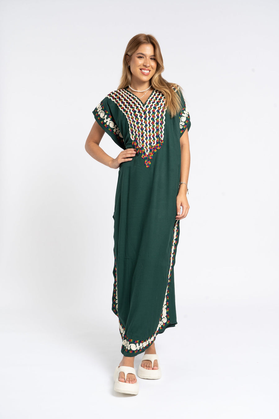 Boho green summer cotton Caftan, Summer Caftans, Cotton caftan women, embroidered caftan, kaftans, embroidered caftan, Egyptian cotton 07-24