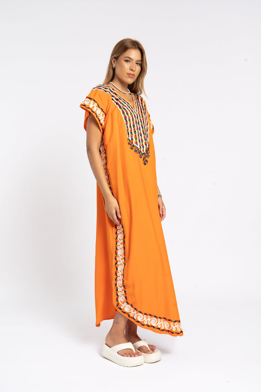 Boho orange summer cotton Caftan, Summer Caftans, Cotton caftan women, embroidered caftan, kaftans embroidered caftan, Egyptian cotton 07-24