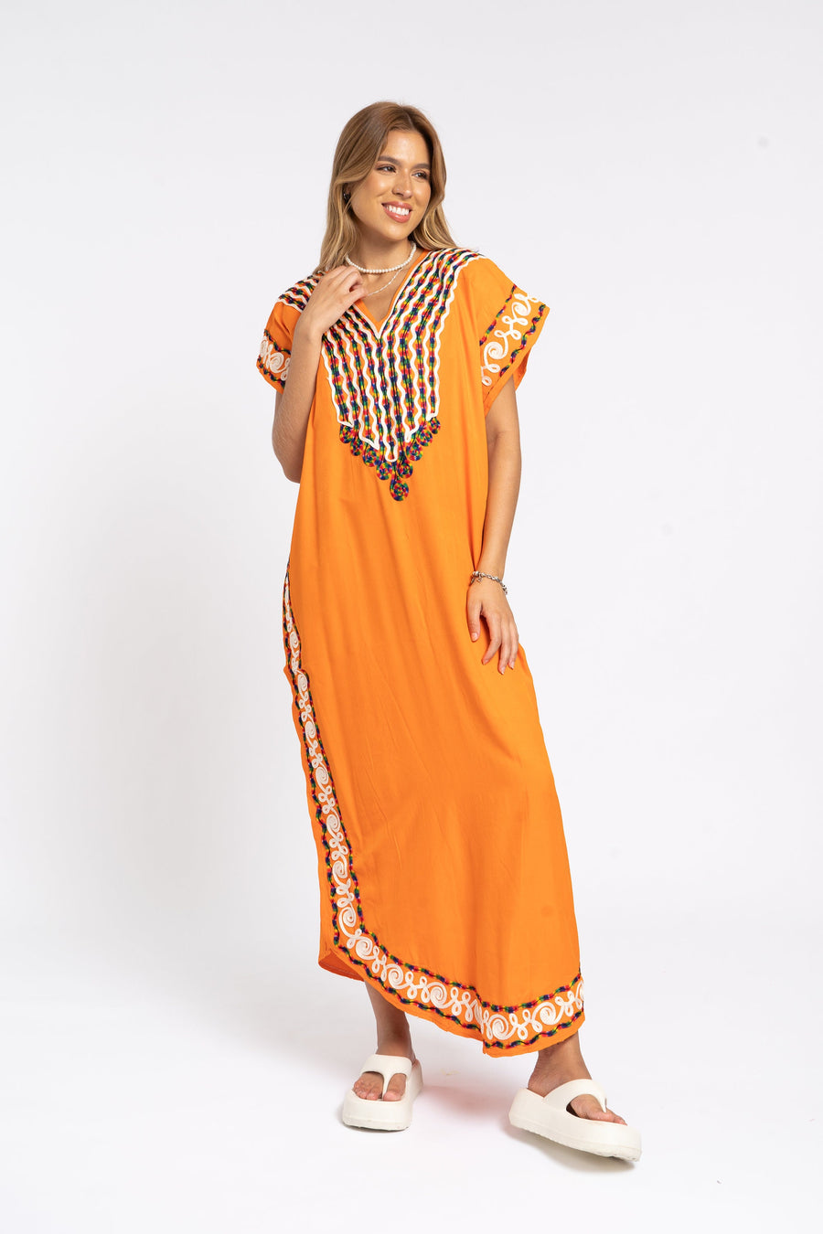 Boho orange summer cotton Caftan, Summer Caftans, Cotton caftan women, embroidered caftan, kaftans embroidered caftan, Egyptian cotton 07-24