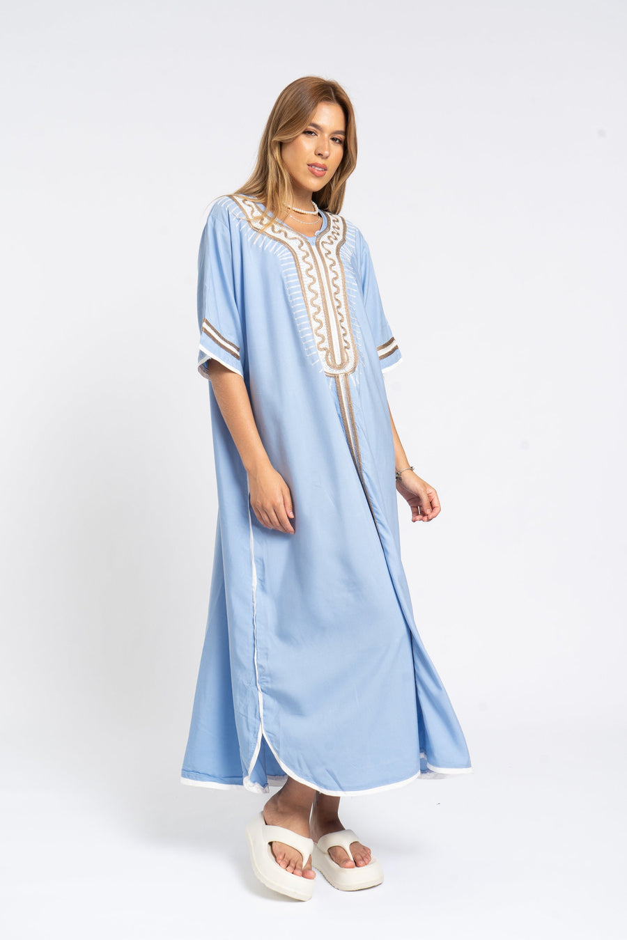 Chic turquoise embroidered cotton Caftan, caftans for women, Kaftans, embroidered Caftan dress, Caftan maxi dress, Caftans for women