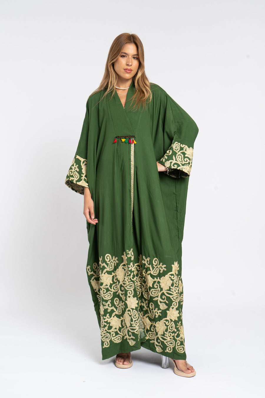 Elegant open slit green Kaftan, caftans for women, Cotton Kaftan, embroidered Kaftan, Moroccan Caftan, Kaftans, Kaftan