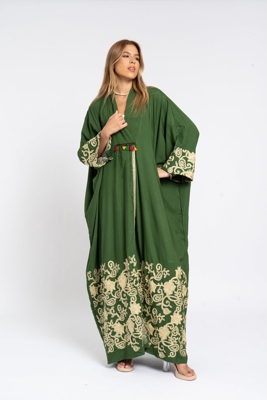 Elegant open slit green Kaftan, caftans for women, Cotton Kaftan, embroidered Kaftan, Moroccan Caftan, Kaftans, Kaftan