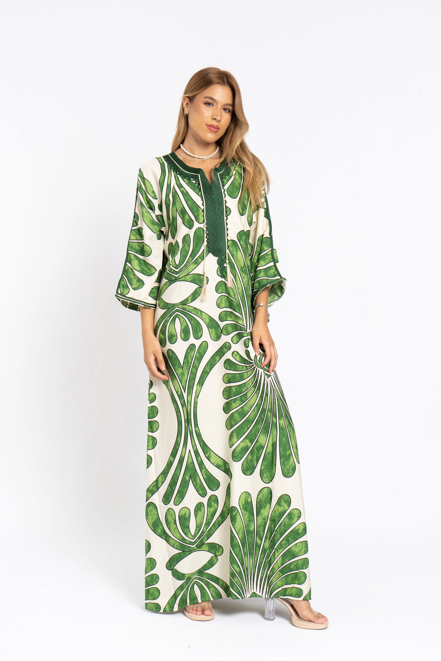 Chic green print Summer embroidered Kaftan, Caftan, caftans for women, Boho Kaftan dress, Caftans for women, summer kaftans, women