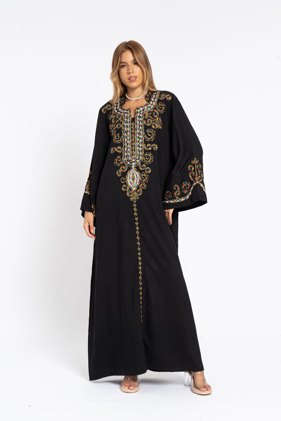 Chic black flared sleeves hand embroidered Caftan, caftans for women, Kaftans, embroidered Caftan dress, Caftan maxi dress