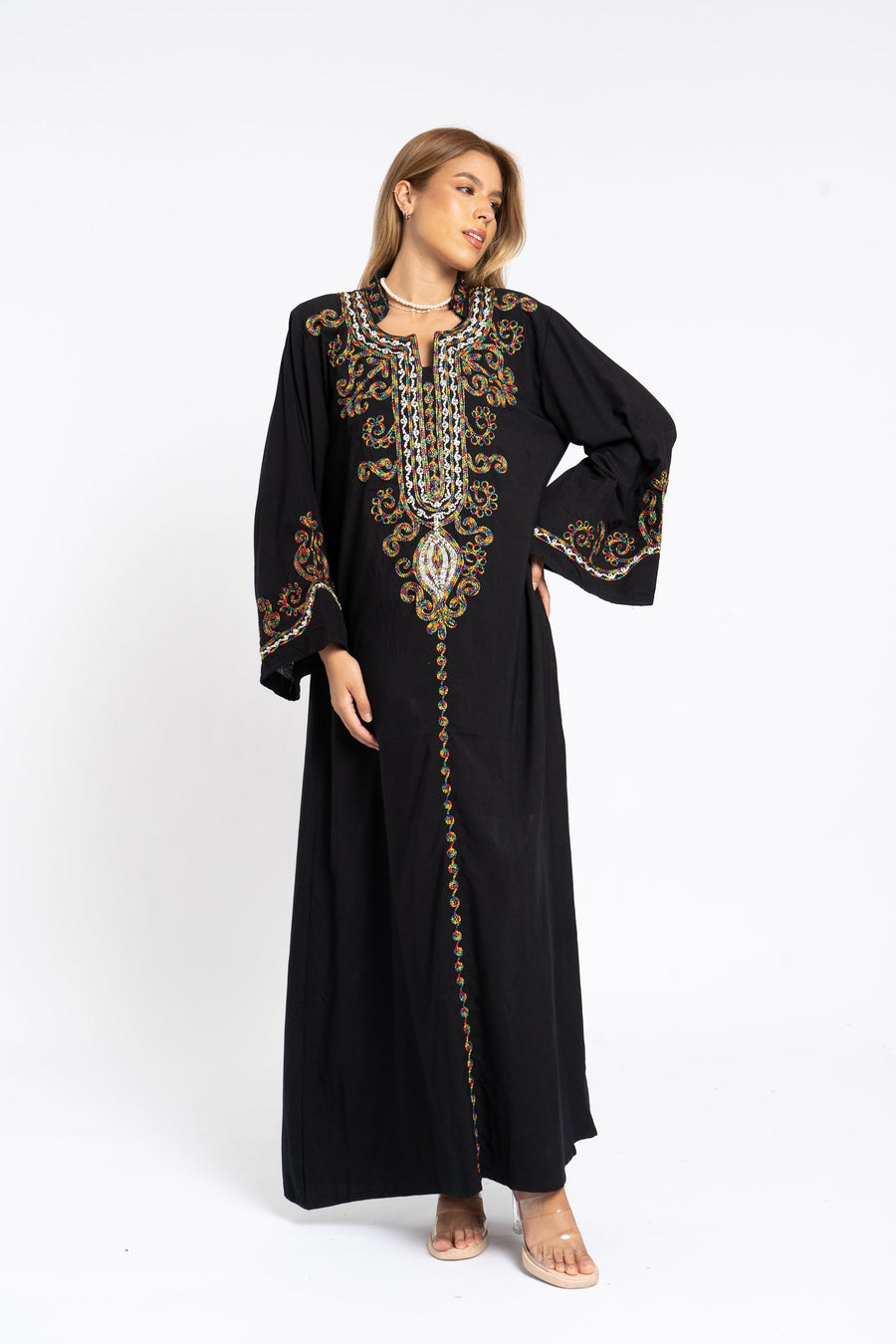 Chic black flared sleeves hand embroidered Caftan, caftans for women, Kaftans, embroidered Caftan dress, Caftan maxi dress