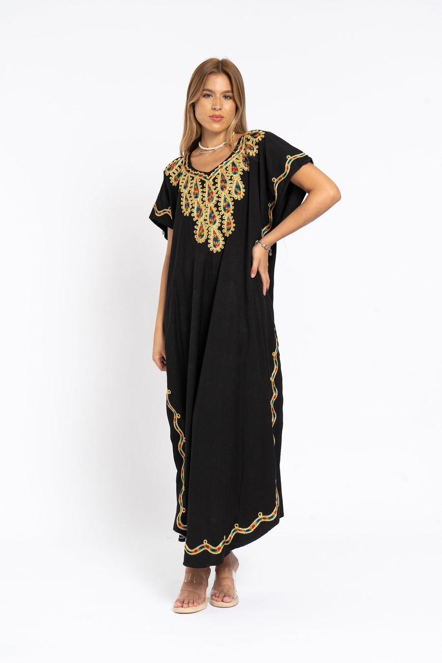 Gold embroidered black summer cotton Caftan, Summer Caftans, Cotton caftan women, embroidered caftan, kaftans, embroidered caftan 04-24