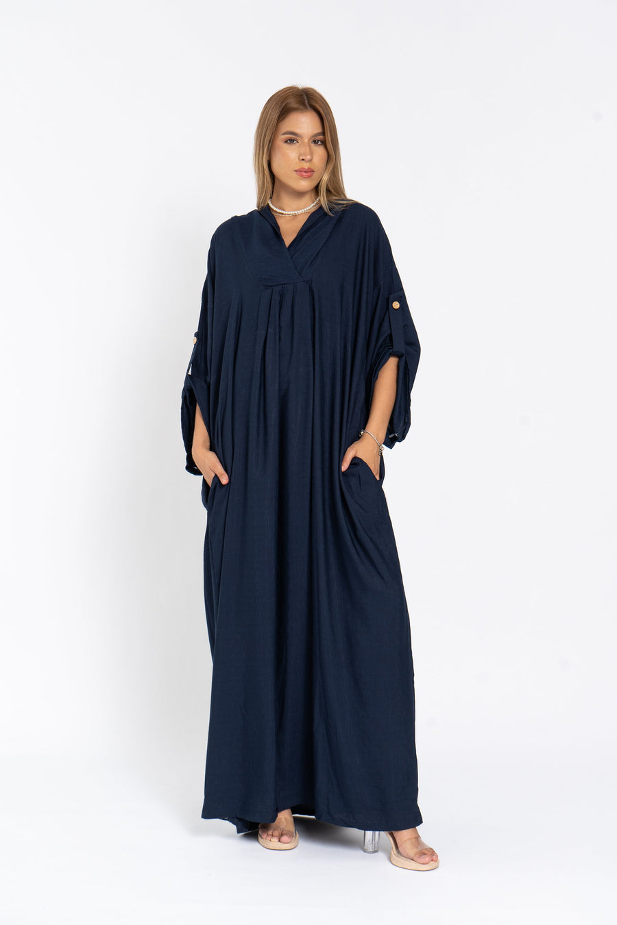 Comfortable fit navy blue linen hooded caftan dress with pockets, chic Linen caftans for women, Kaftan dress, Caftans for women, caftans