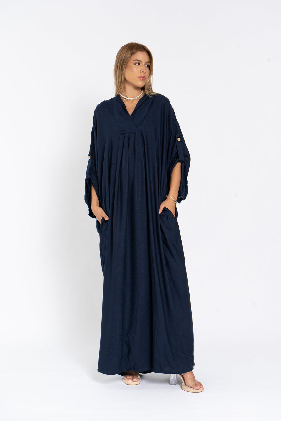 Comfortable fit navy blue linen hooded caftan dress with pockets, chic Linen caftans for women, Kaftan dress, Caftans for women, caftans