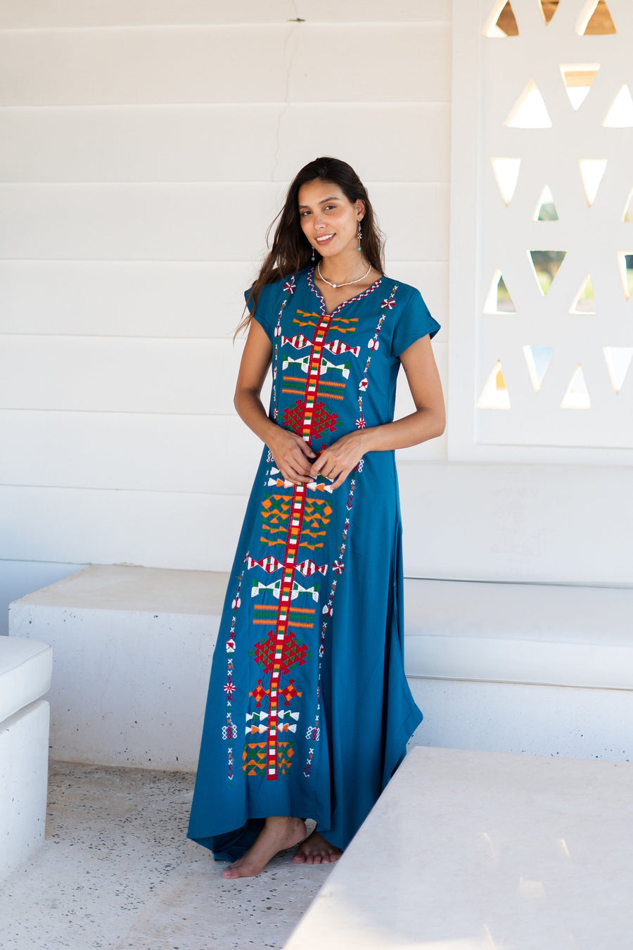 Siwa blue embroidered kaftan, Maxi kaftan dress, Bohemian cotton Kaftan, Caftans for women