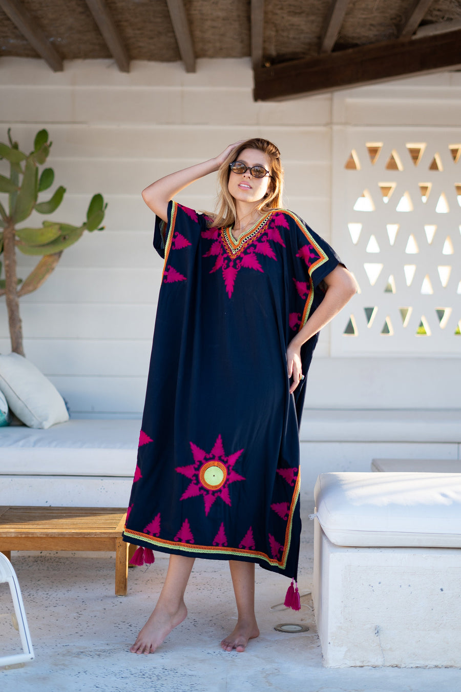 Flashy navy blue embroidered cotton caftans for women, women's kaftan, free size caftan, Summer Kaftan, cotton Caftans for women