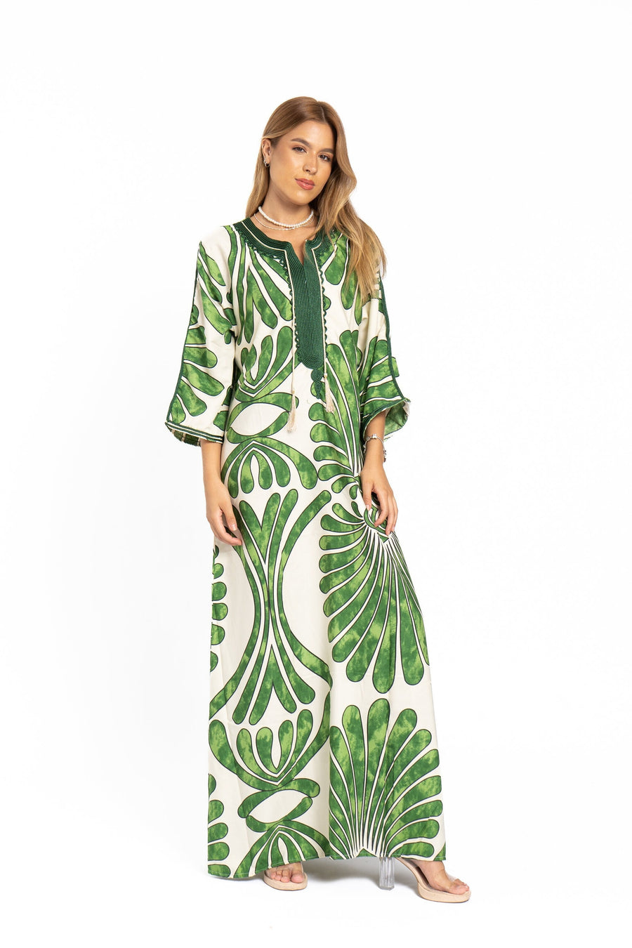 Chic green print Summer embroidered Kaftan, Caftan, caftans for women, Boho Kaftan dress, Caftans for women, summer kaftans, women