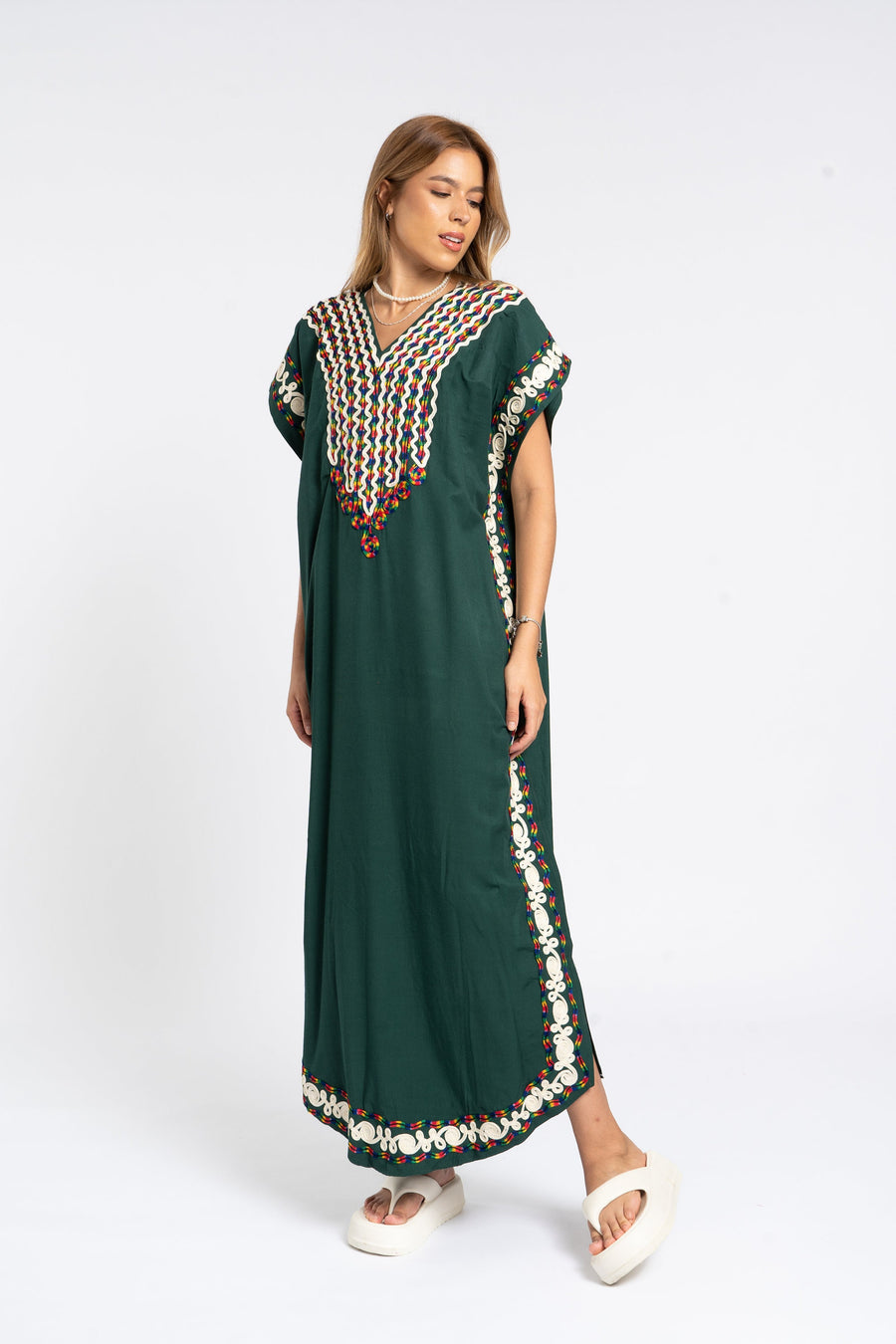 Boho green summer cotton Caftan, Summer Caftans, Cotton caftan women, embroidered caftan, kaftans, embroidered caftan, Egyptian cotton 07-24