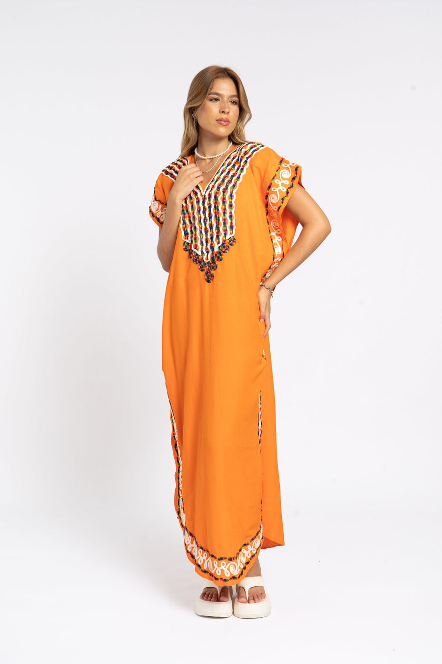 Boho orange summer cotton Caftan, Summer Caftans, Cotton caftan women, embroidered caftan, kaftans embroidered caftan, Egyptian cotton 07-24