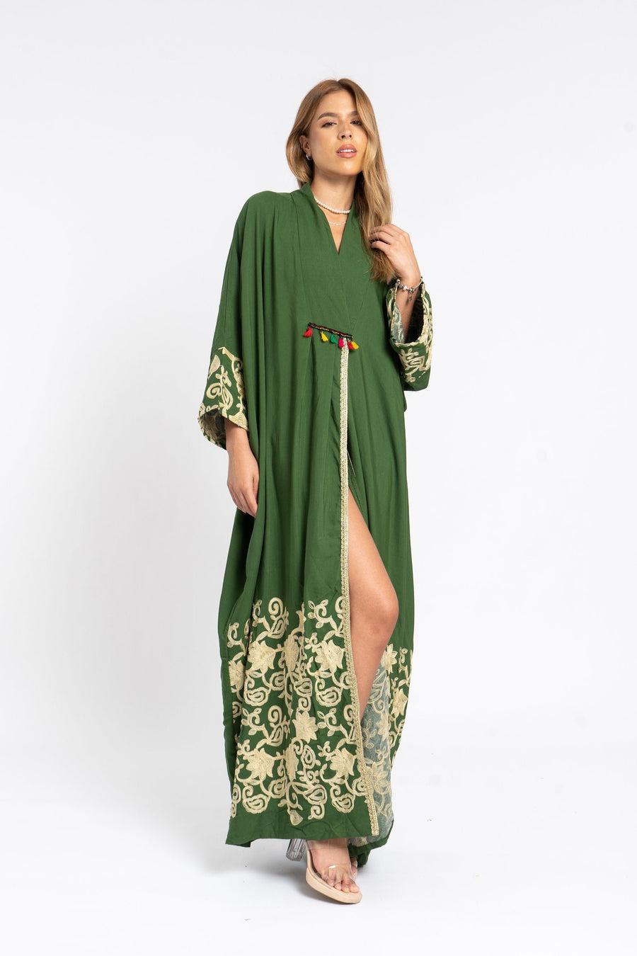 Elegant open slit green Kaftan, caftans for women, Cotton Kaftan, embroidered Kaftan, Moroccan Caftan, Kaftans, Kaftan