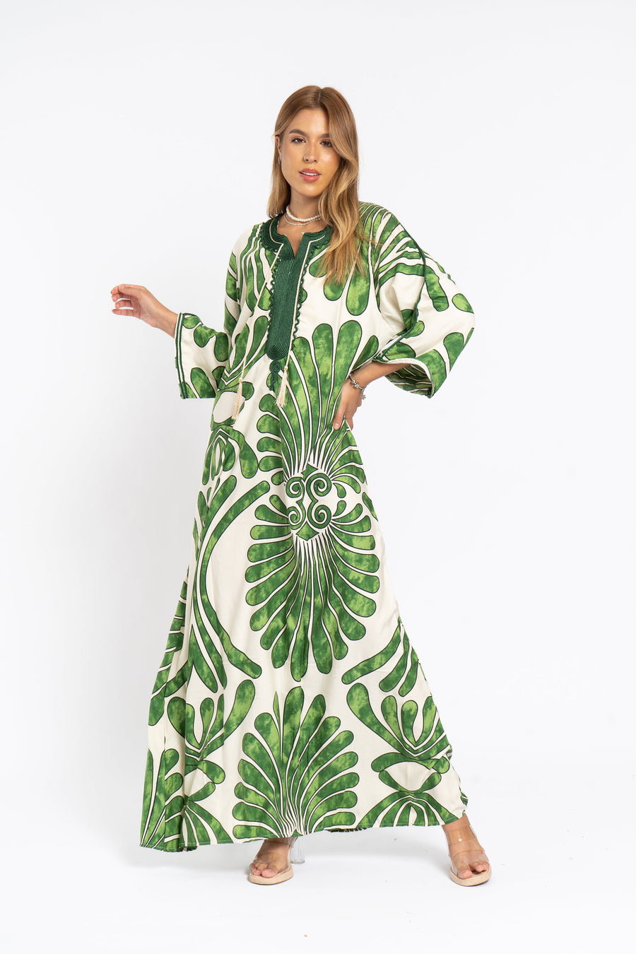 Chic green print Summer embroidered Kaftan, Caftan, caftans for women, Boho Kaftan dress, Caftans for women, summer kaftans, women