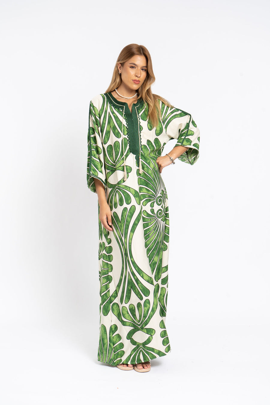 Chic green print Summer embroidered Kaftan, Caftan, caftans for women, Boho Kaftan dress, Caftans for women, summer kaftans, women