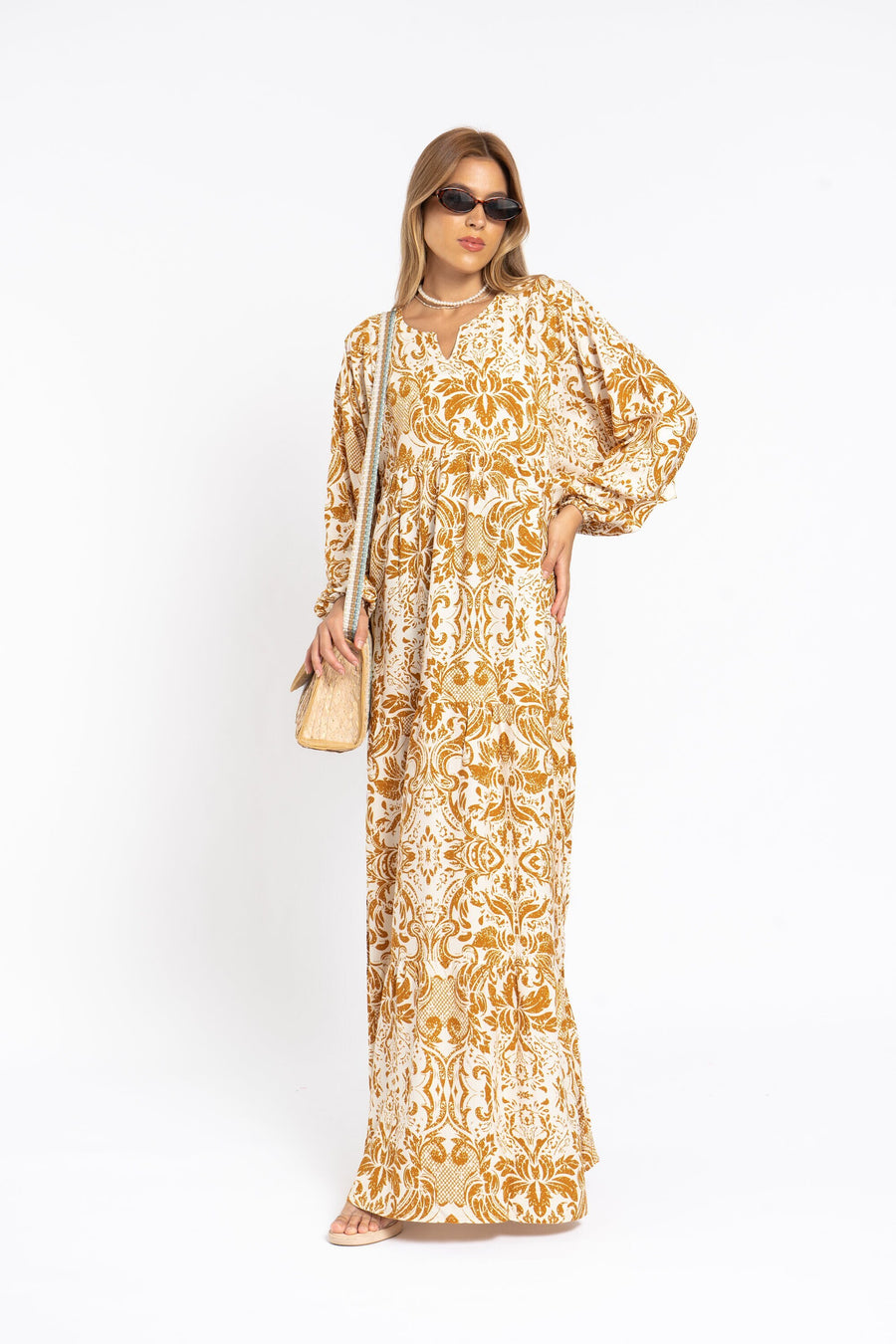 Breezy puffy sleeves mustard yellow print Caftan for women, caftan dress, caftans for women, Boho Kaftan dress, Caftans for women, 7-24