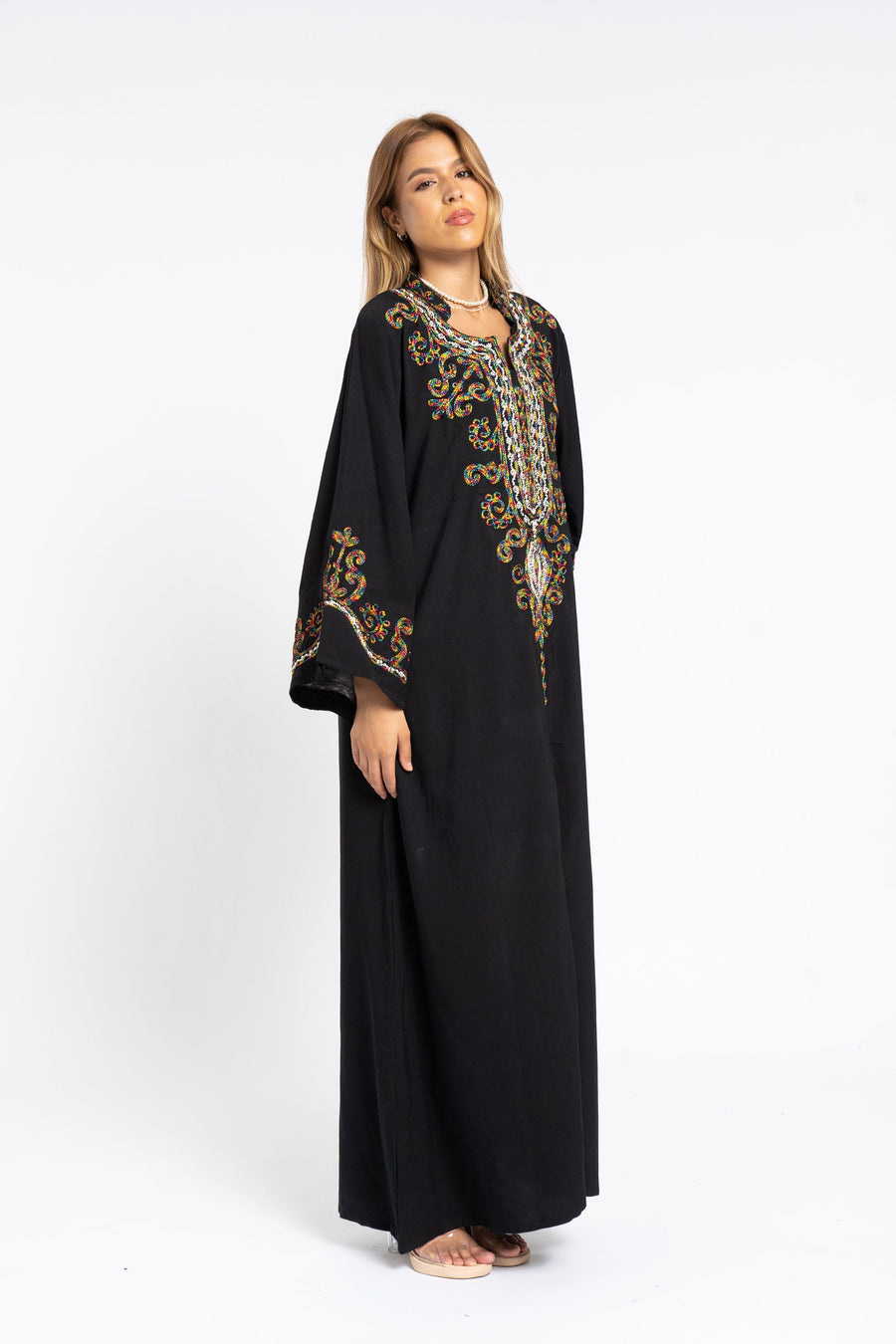 Chic black flared sleeves hand embroidered Caftan, caftans for women, Kaftans, embroidered Caftan dress, Caftan maxi dress