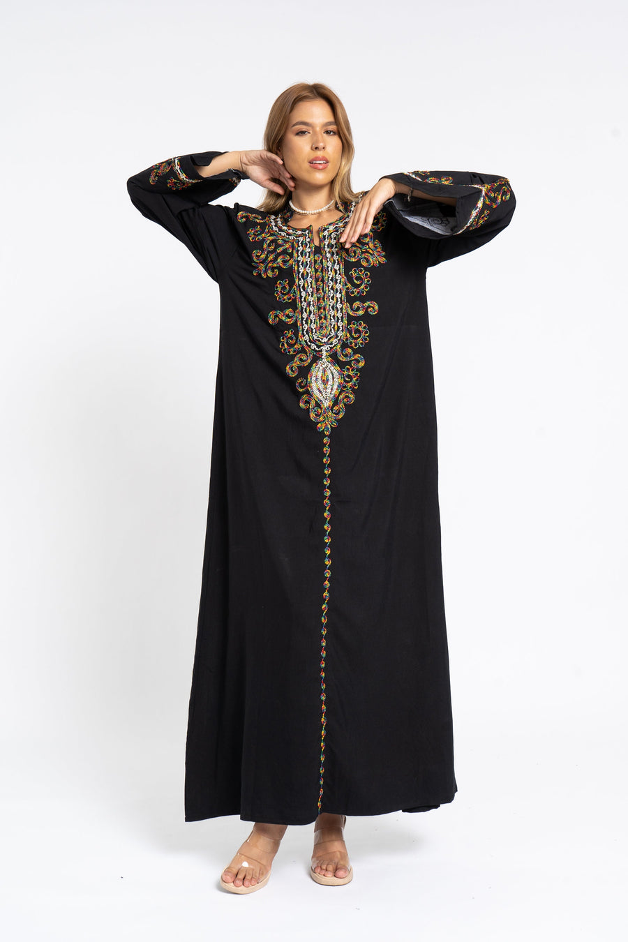 Chic black flared sleeves hand embroidered Caftan, caftans for women, Kaftans, embroidered Caftan dress, Caftan maxi dress