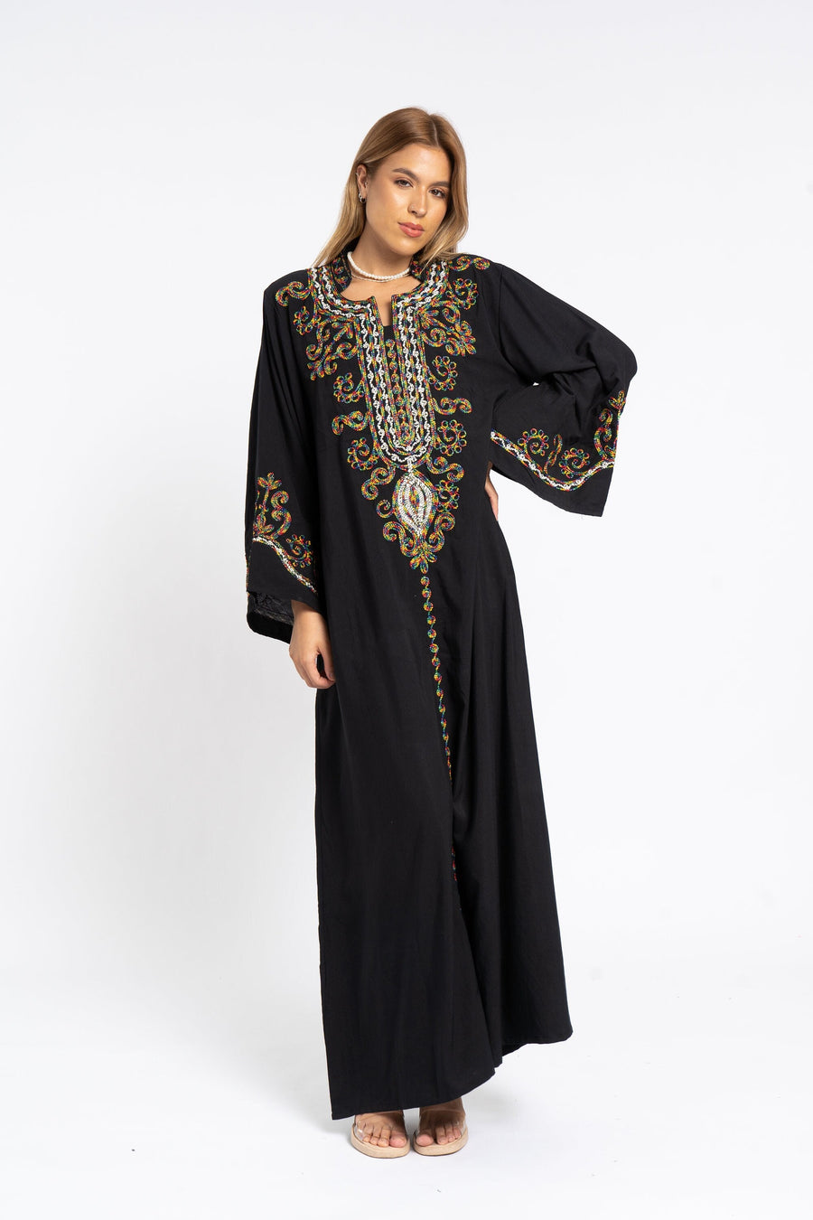 Chic black flared sleeves hand embroidered Caftan, caftans for women, Kaftans, embroidered Caftan dress, Caftan maxi dress