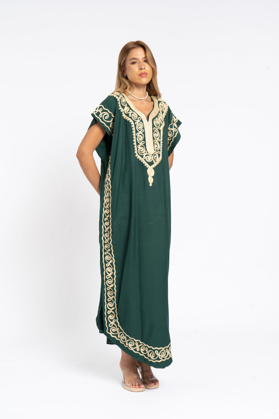 Chic embroidered green summer cotton Caftan, Summer Caftans, Cotton caftan women, embroidered caftan, kaftans, Egyptian cotton 07-24