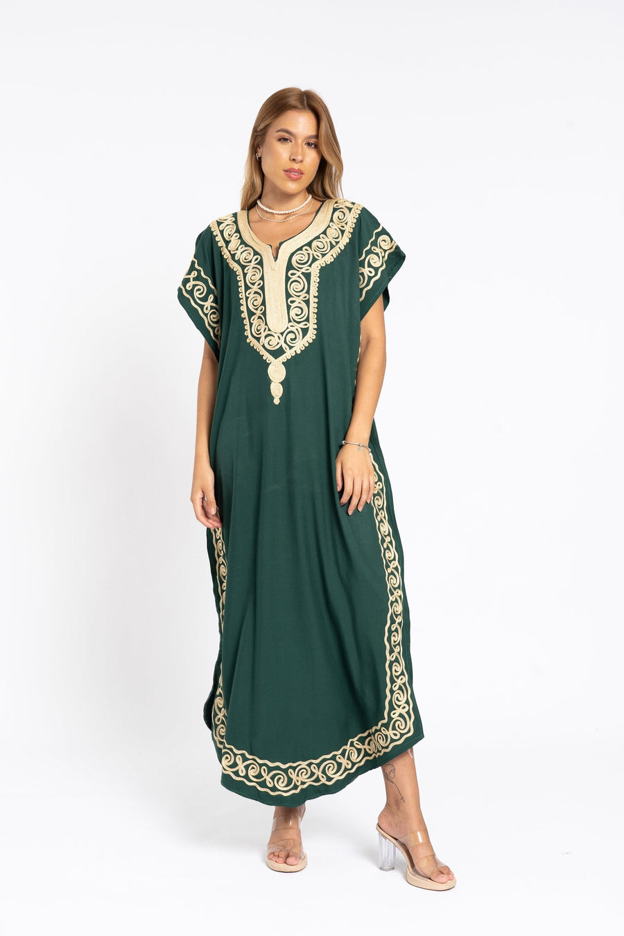 Chic embroidered green summer cotton Caftan, Summer Caftans, Cotton caftan women, embroidered caftan, kaftans, Egyptian cotton 07-24