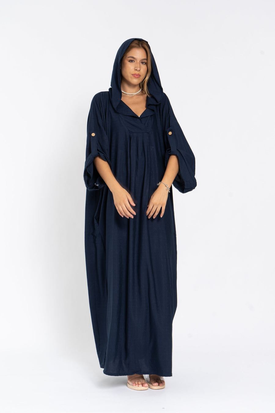 Comfortable fit navy blue linen hooded caftan dress with pockets, chic Linen caftans for women, Kaftan dress, Caftans for women, caftans