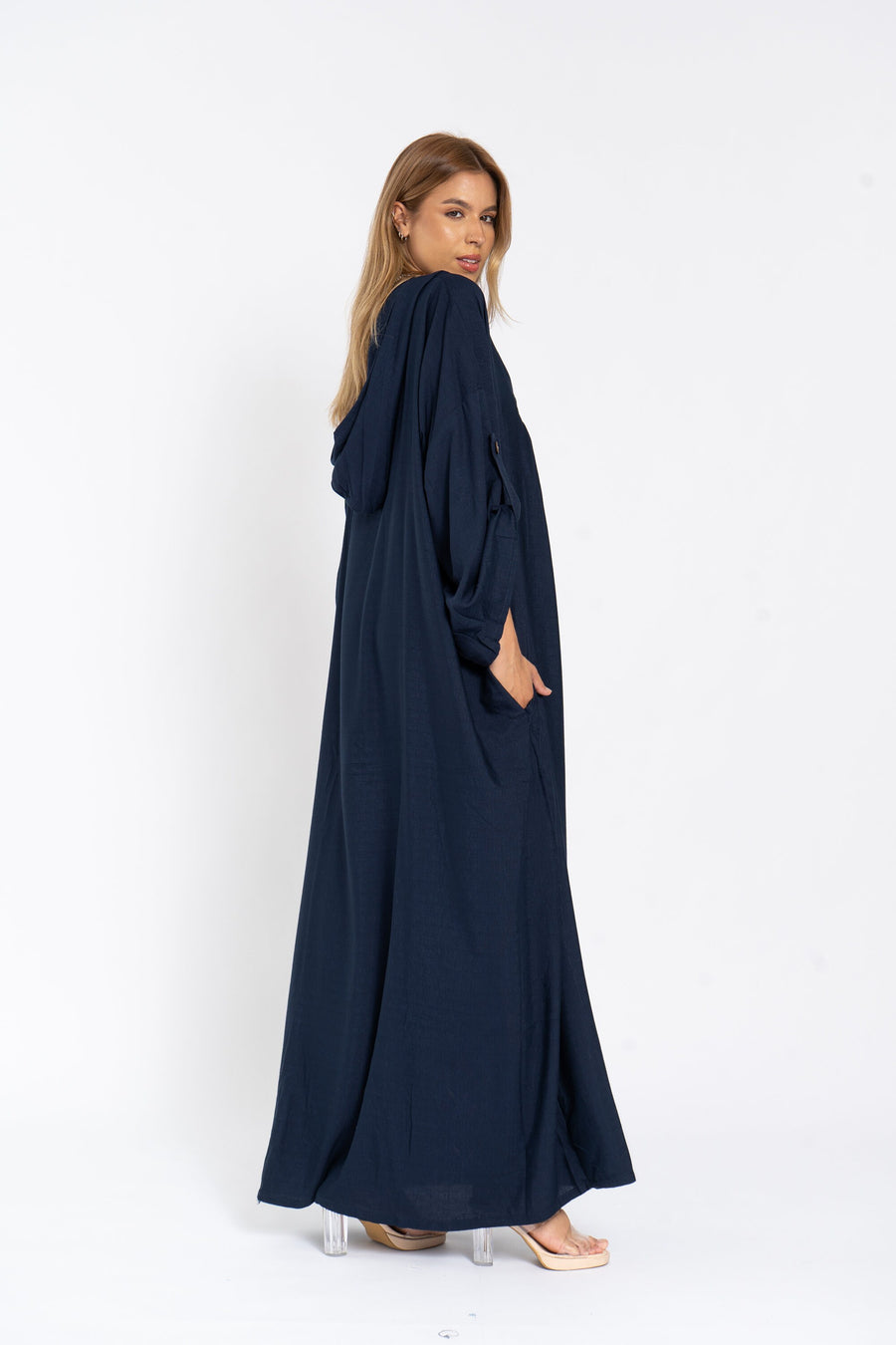 Comfortable fit navy blue linen hooded caftan dress with pockets, chic Linen caftans for women, Kaftan dress, Caftans for women, caftans